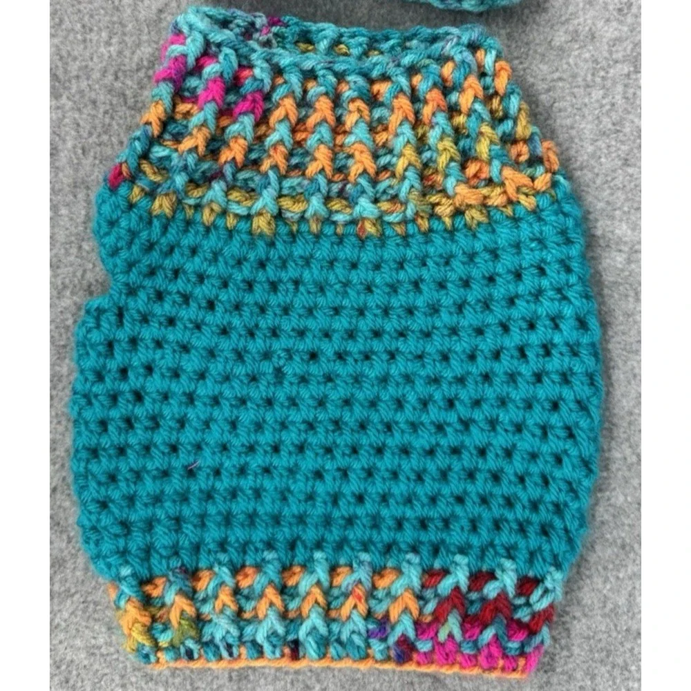 Dog Sweater & Hat Set Small Teal Multicolor Handmade Crochet Pom Pom Puppy